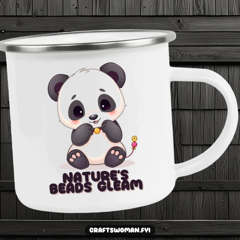 Funny camping mug showing a playful panda carefully stringing beads with its paws, ideal for outdoor crafters.