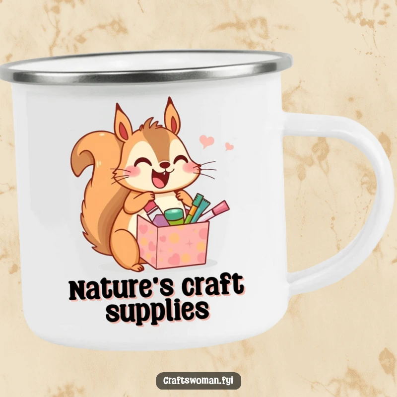 Funny camping mug showcasing a joyful squirrel unwrapping a gift of tiny craft supplies, perfect for outdoor adventures and humor.