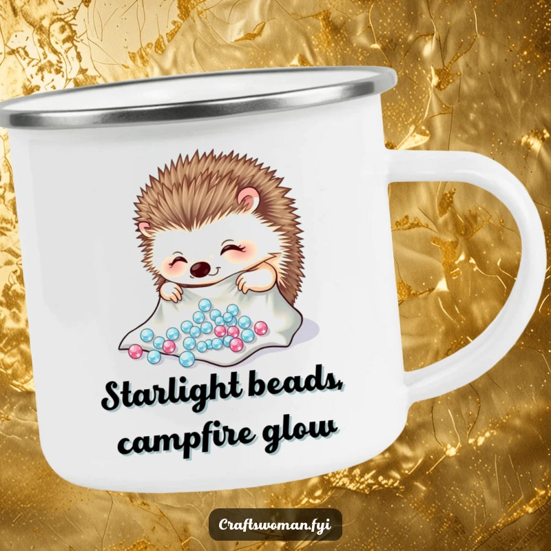Funny hedgehog camping mug with a cheerful character carefully arranging sparkling beads onto a piece of cloth, for outdoor crafters.