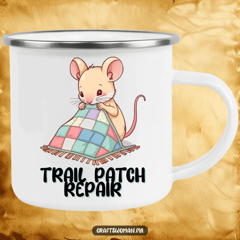 Funny Mouse Camping Mug showing a nimble mouse sewing patches onto a miniature quilt, perfect for outdoor craft enthusiasts.