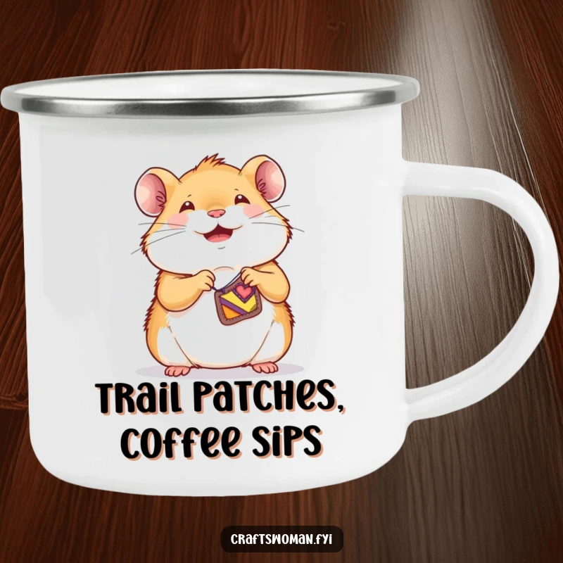 Funny hamster camping mug with a joyful character sewing a tiny, colorful patch onto a small garment, for outdoor crafters.