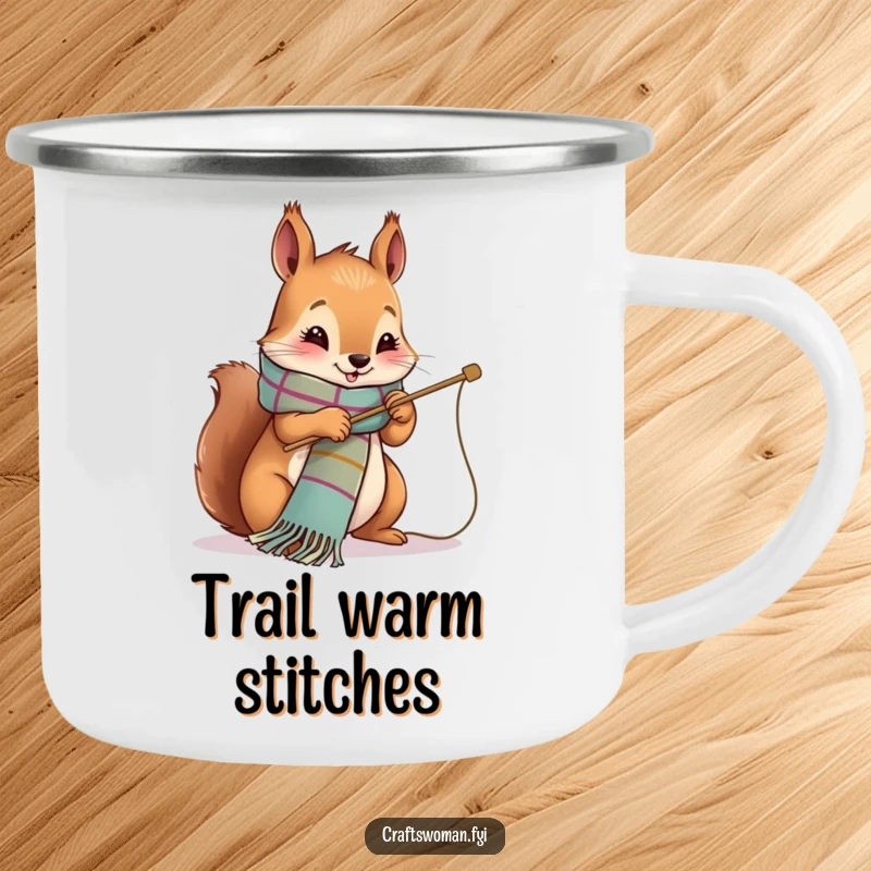 Funny Camping Mug with a cute squirrel happily stitching a vibrant scarf on a large needle, for outdoor enthusiasts.