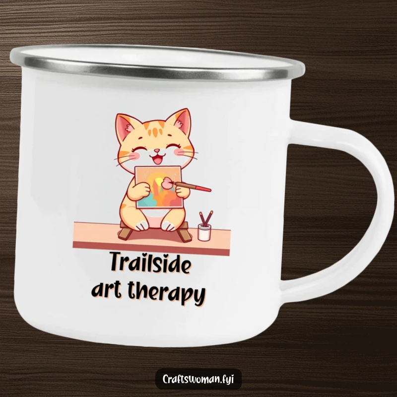 Funny Camping Mug: A happy cat artist paints a vibrant picture on a small canvas with a brush, ready for outdoor adventures.