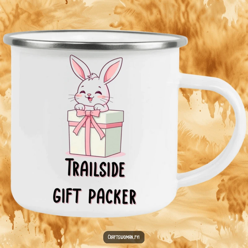 Funny Camping Mug: A happy, giggling bunny ties a ribbon around a nicely wrapped gift box, perfect for outdoor gift-giving moments.
