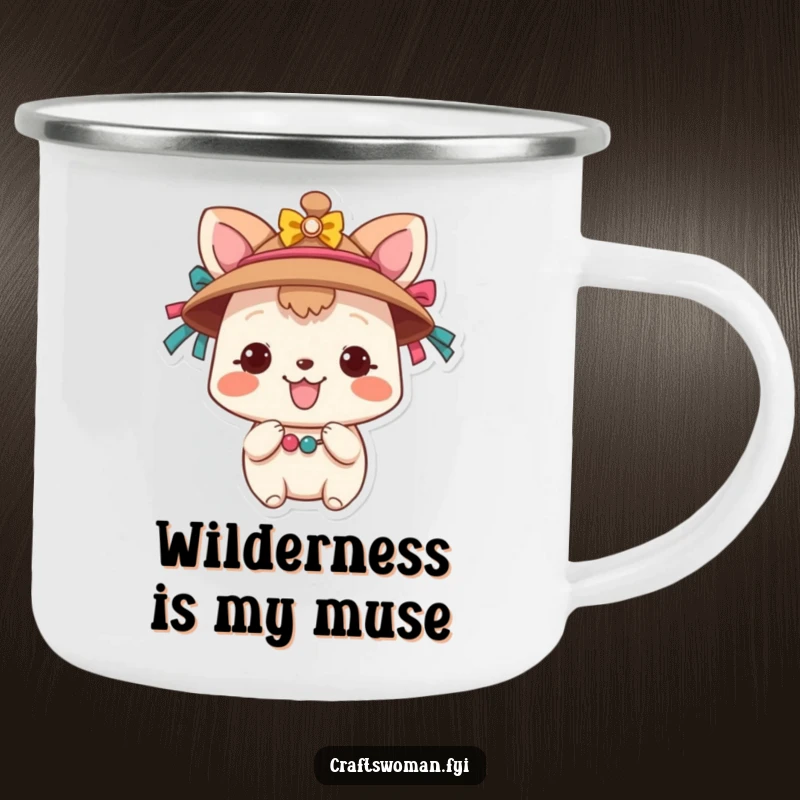 Funny Animal Campfire Mug: A cheerful animal character decorates a hat with ribbons and beads, ideal for enjoying beverages during outdoor activities.