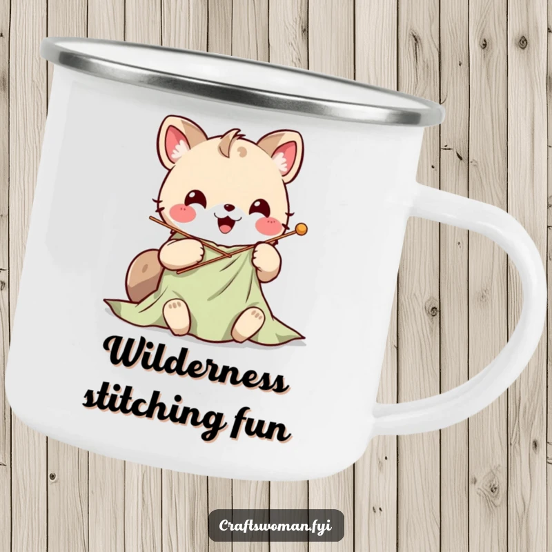 Cute Kawaii animal character stitching vibrant fabric with a large needle, on a durable camping mug for outdoor enjoyment.
