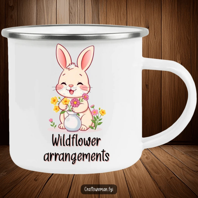 Funny bunny camping mug illustration of a happy bunny giggling while arranging flowers in a vase with flair.