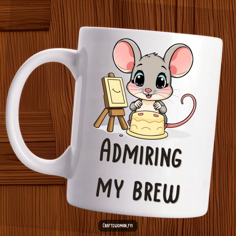 Funny mug showing a small mouse with giant, amazed eyes looking at a beautiful finished creation, capturing pure admiration and joy.