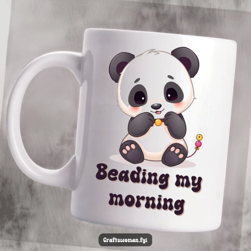 Funny panda mug showing a playful bear carefully stringing colorful beads with its gentle paws.