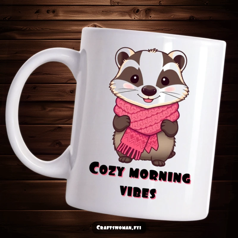 Funny mug featuring a proud badger showing off a colorful, handmade knitted scarf, celebrating knitting skills.