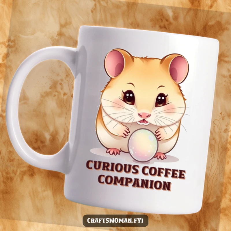 Funny hamster mug showing a curious hamster with sparkling, wide eyes intently inspecting a small, delicate bead.
