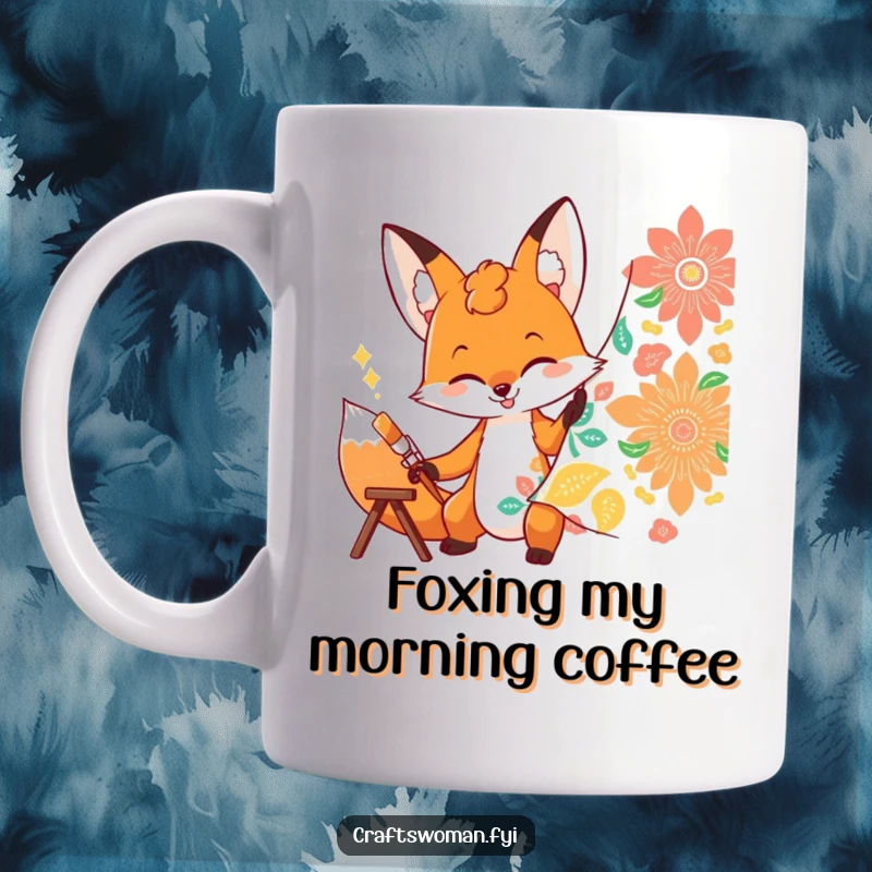 Funny fox mug with a determined character enthusiastically painting a vibrant pattern onto fabric, a unique art gift.