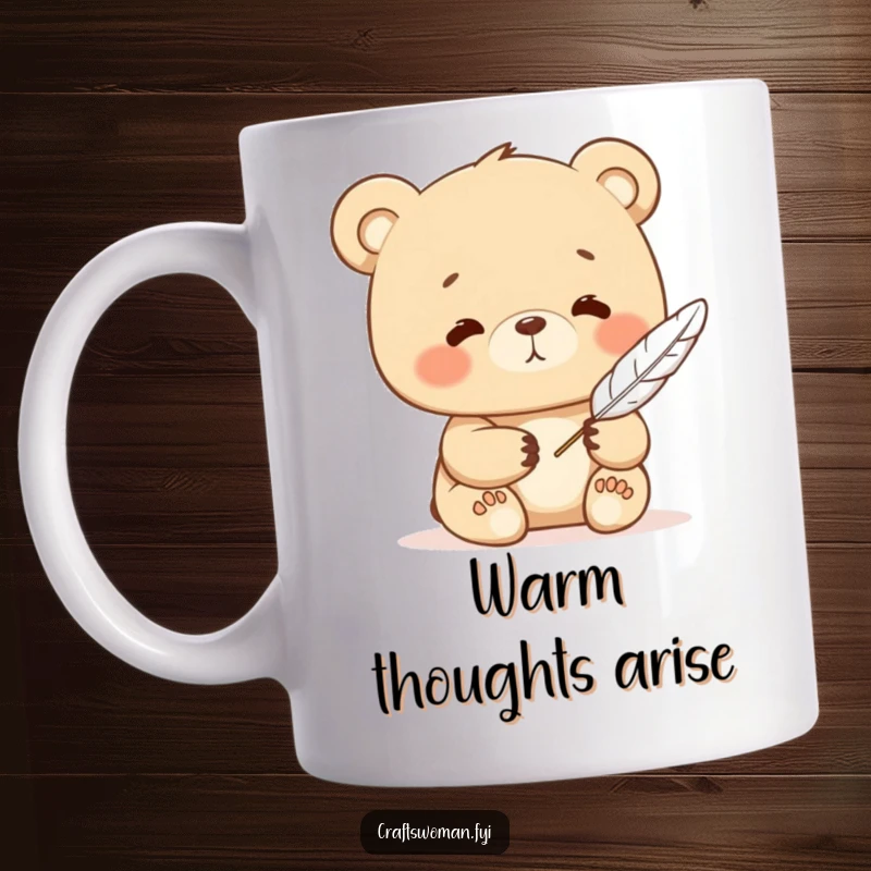 Funny bear mug showing a contented character calmly writing with a delicate feather quill, embodying peaceful concentration.