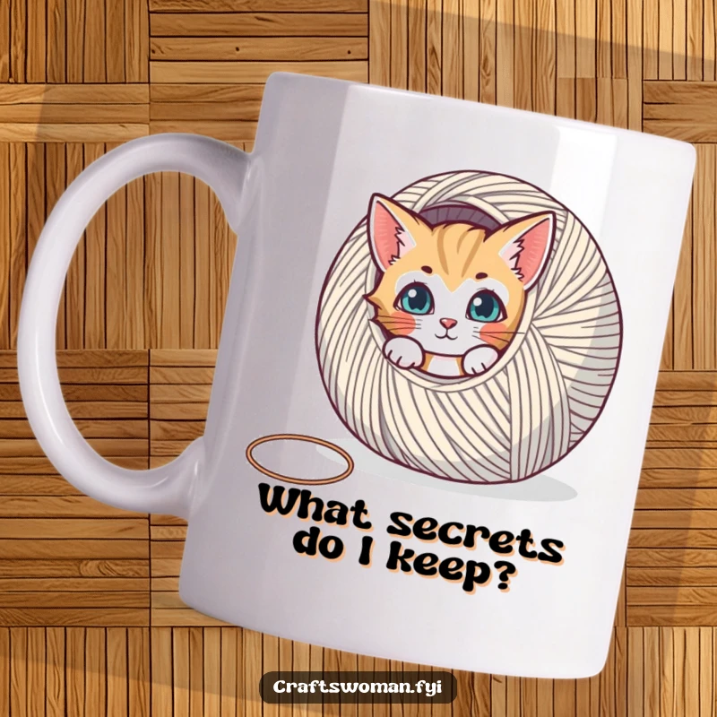 Funny cat mug showing a curious kitten peeking playfully from behind a giant ball of colorful yarn, ready for mischief.