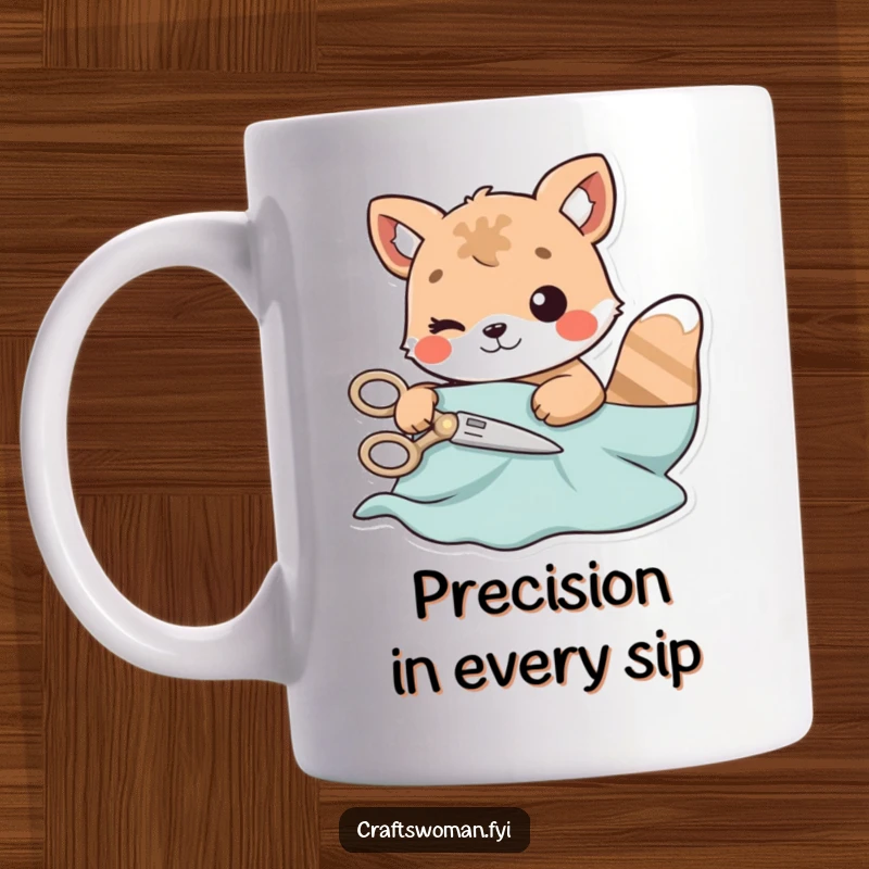 Funny mug featuring an animal character carefully cutting fabric with playful scissors, looking focused yet cheerful.