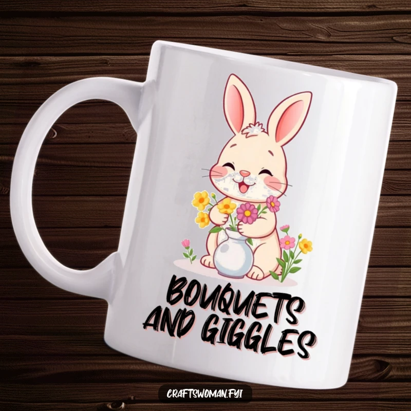 Funny bunny mug illustration of a happy bunny giggling while arranging flowers in a vase with a flourish.