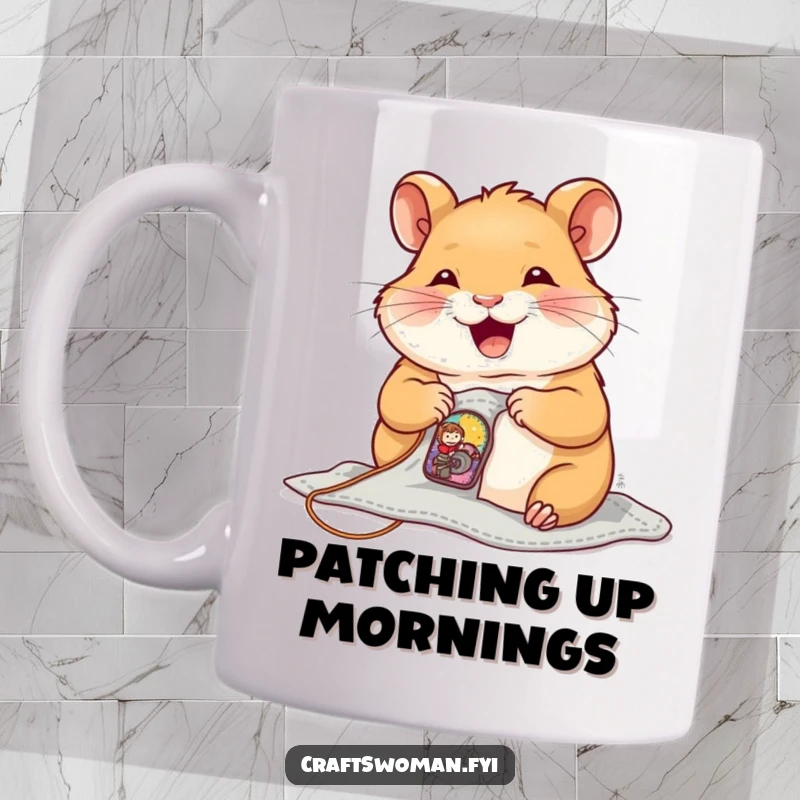 Funny Mug featuring a joyful hamster sewing a tiny, colorful patch onto a small garment with care.