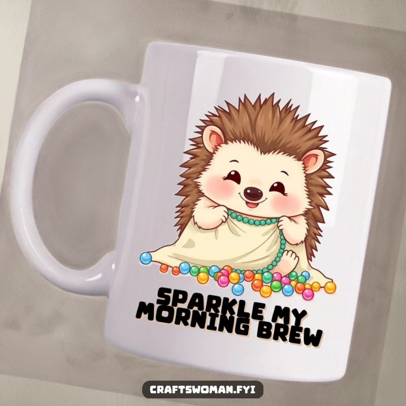 Funny hedgehog mug with a cheerful expression, carefully arranging sparkling beads onto a piece of cloth, a crafter's delight.