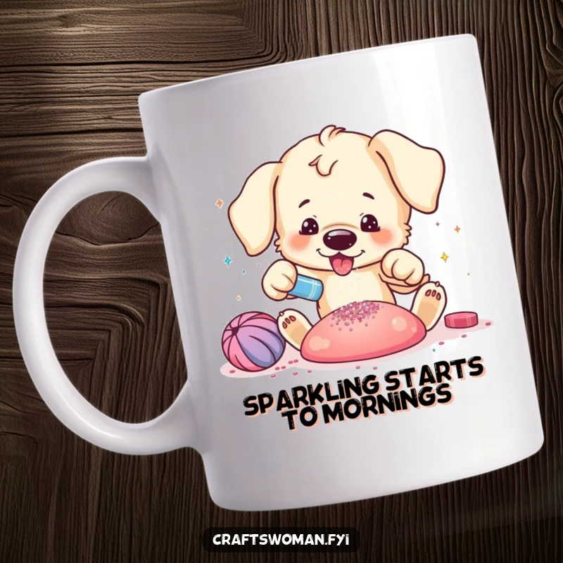 Funny puppy mug featuring a playful puppy excitedly adding glitter to a vibrant craft creation, perfect for coffee lovers.