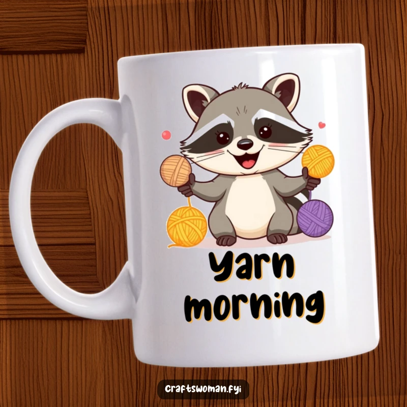 Funny mug featuring a happy raccoon playfully juggling colorful yarn balls with a mischievous, energetic grin.