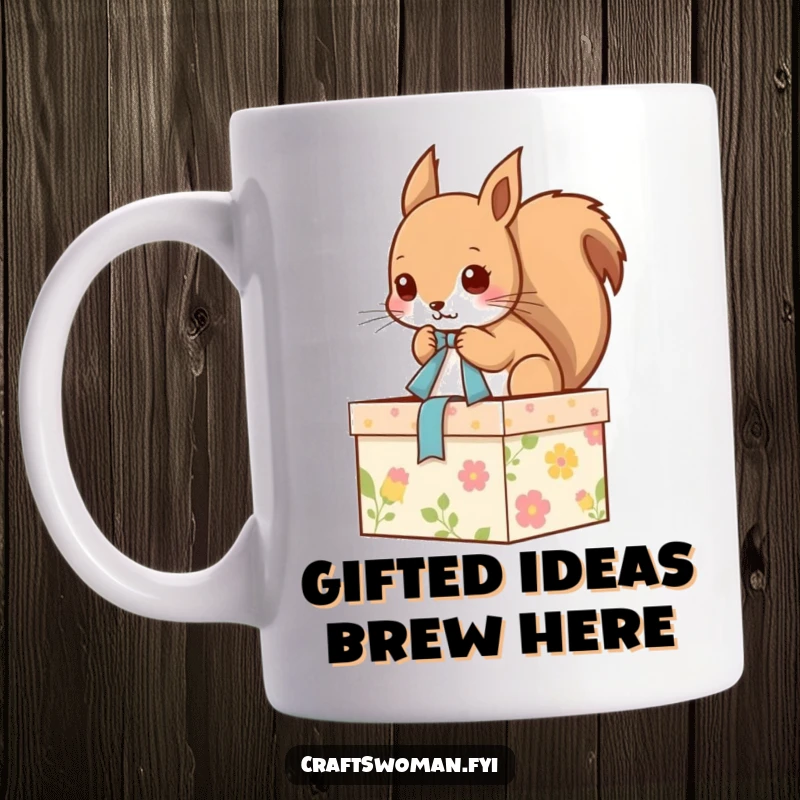 Funny mug featuring a squirrel with a ribbon, meticulously decorating a gift box with a cheerful expression, perfect for craft enthusiasts.