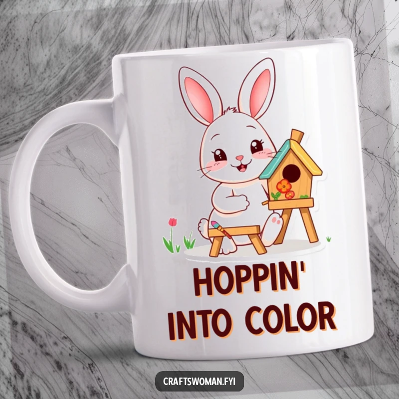 Funny happy rabbit painting a small wooden birdhouse with vibrant colors on a mug, a cheerful and humorous gift.