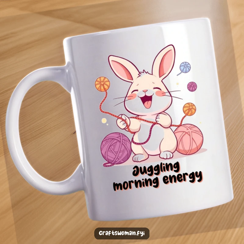 Funny mug featuring a laughing rabbit gleefully juggling colorful yarn balls, celebrating crafting joy and lighthearted fun.