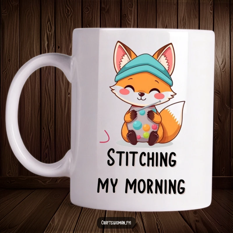 Kawaii Fox Mug: An adorable fox with a sewing needle happily stitches colorful fabric, radiating cuteness and joy.