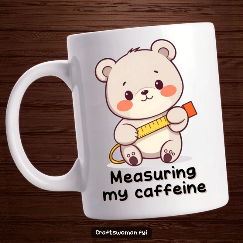 Funny smiling bear using a tape measure, looking focused and determined on a mug, a perfect gift for DIY enthusiasts.