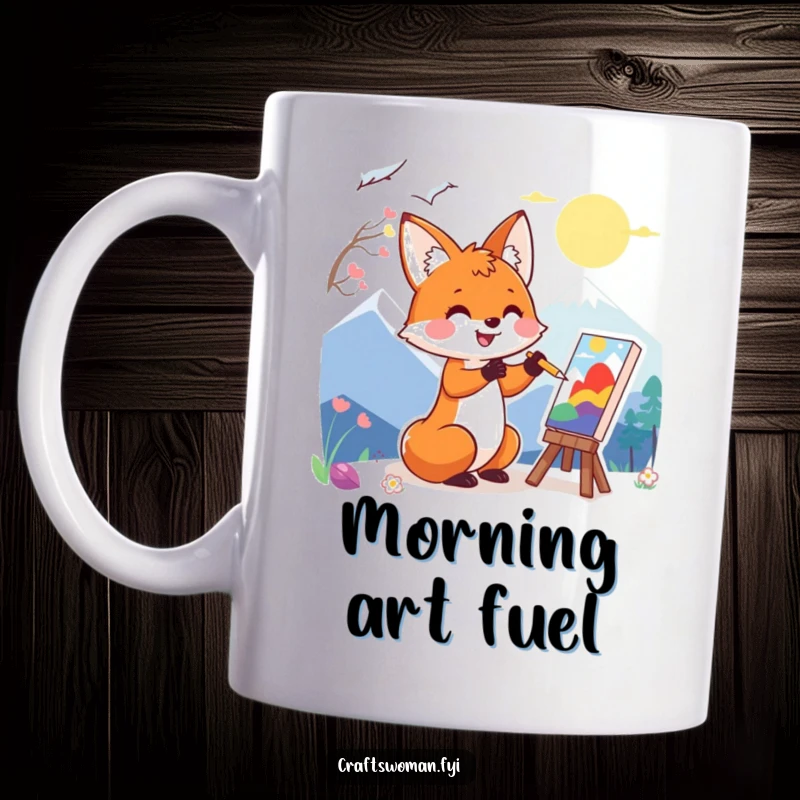 Funny mug featuring a happy fox character enthusiastically painting a colorful landscape, celebrating creativity and joy.