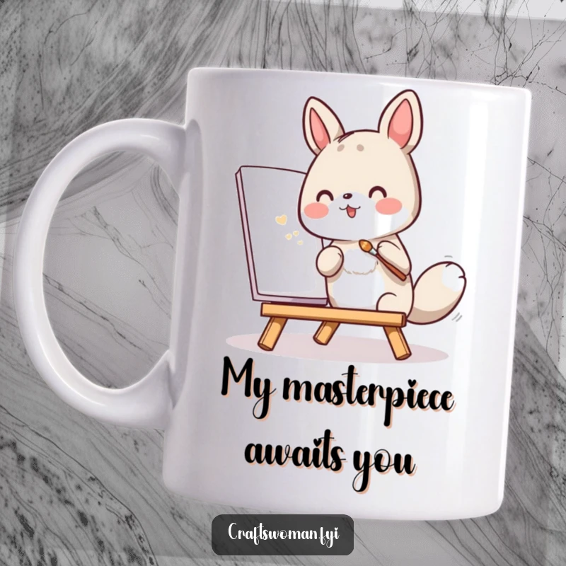 Funny mug showing a cute animal character enthusiastically painting on a small canvas with a tiny brush, full of artistic focus.