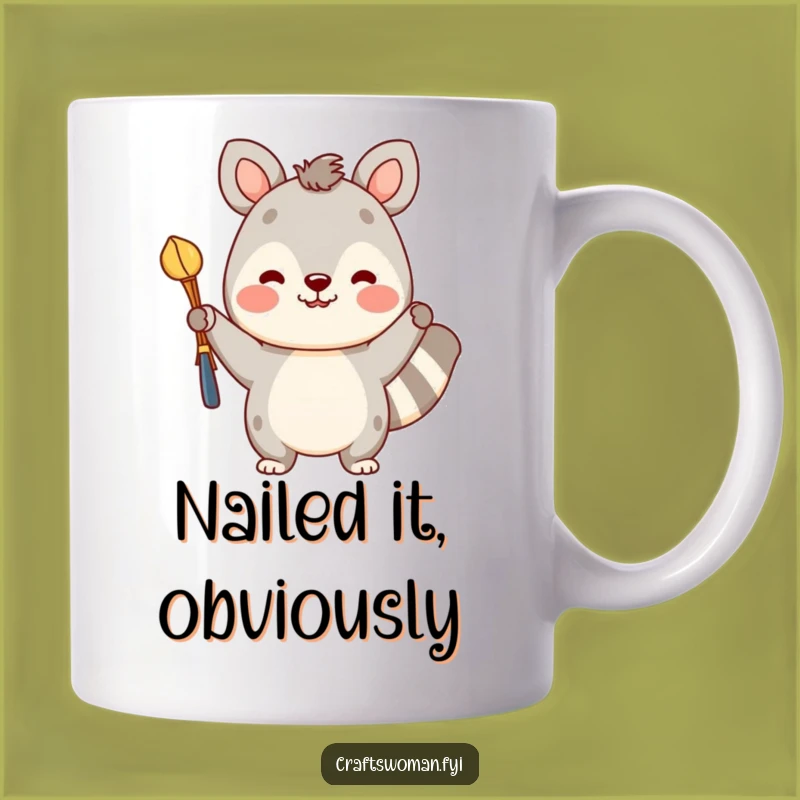 Funny Crafty Animal Mug: Cheerful Creator Holding Prideful Colorful Craft, Perfect Gift