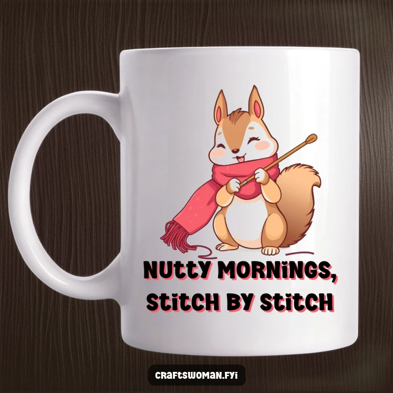 Funny squirrel mug with character happily stitching a colorful scarf using a large needle, a cute and cheerful sewing gift.