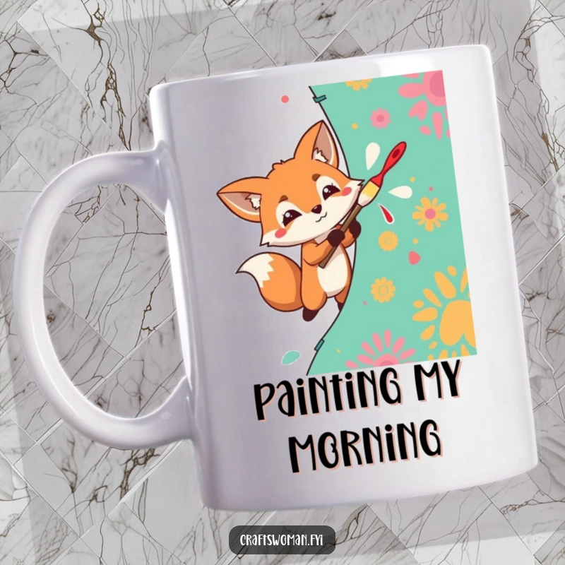 Funny Mug featuring a determined fox character enthusiastically painting a vibrant pattern onto fabric with flair.