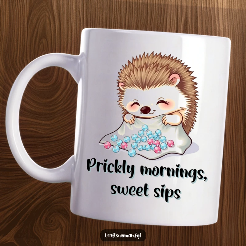Funny hedgehog mug with a cheerful character meticulously arranging sparkling beads onto a piece of cloth, a cute craft gift.