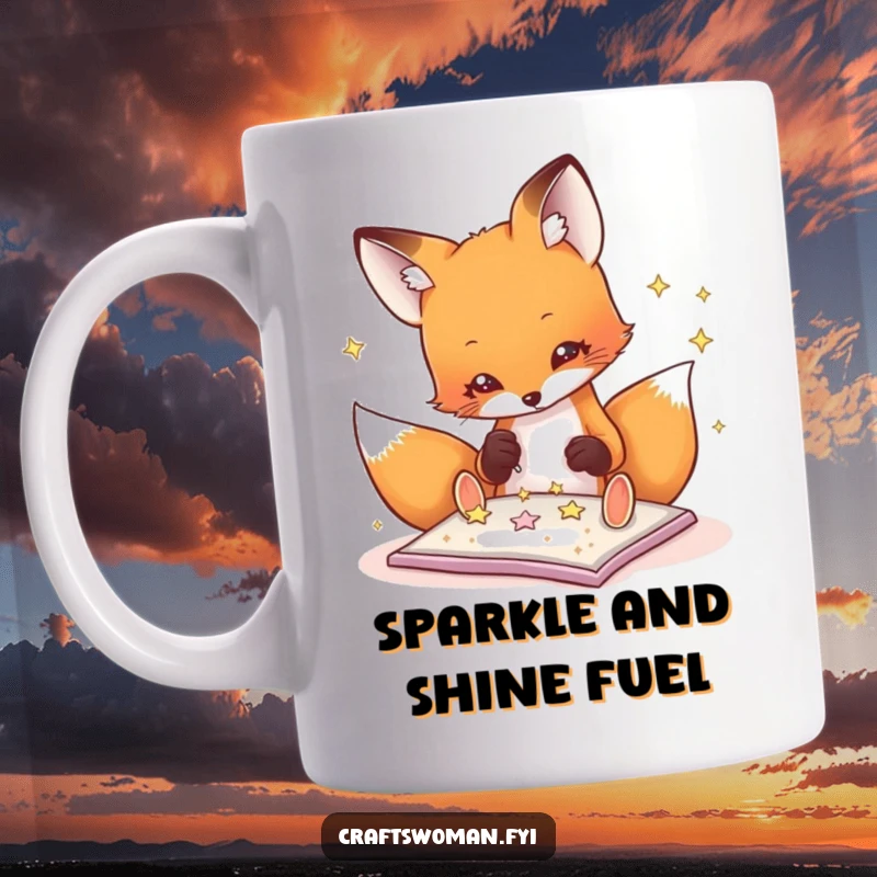 Funny fox mug illustration of a playful fox carefully gluing glittering stars onto a craft project with concentration.