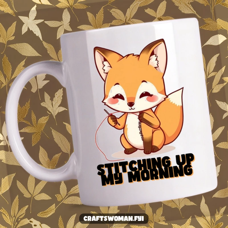 Funny fox sewing a ripped seam with a needle and thread, looking focused and adorable on a ceramic mug, a perfect gift.