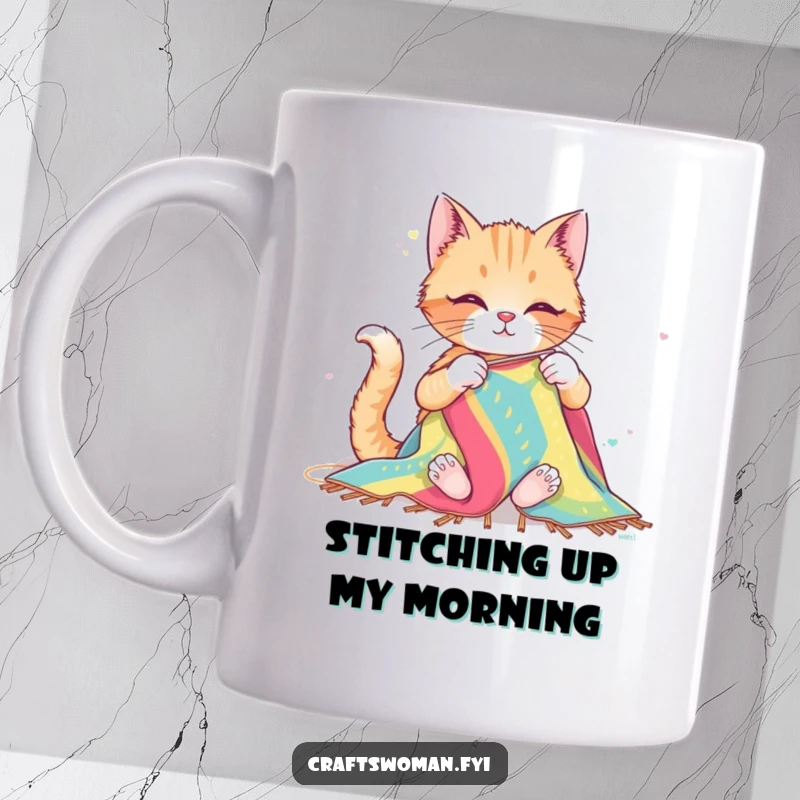 Funny mug featuring a happy cat enthusiastically sewing a large, colorful textile with big needles, celebrating crafting and feline joy.