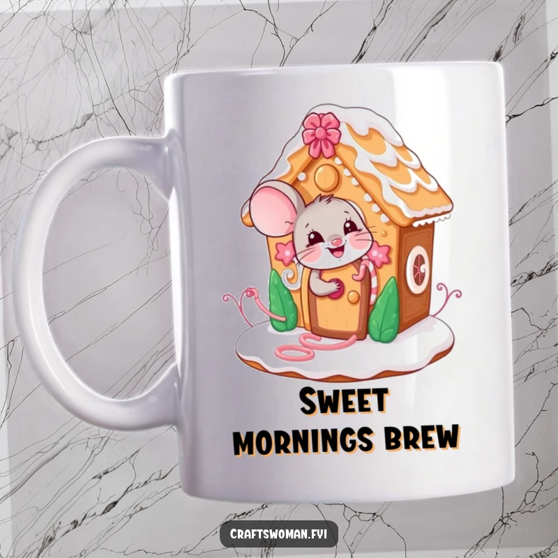 Funny mouse mug showing a giggling character happily decorating a whimsical gingerbread house with icing and candy.
