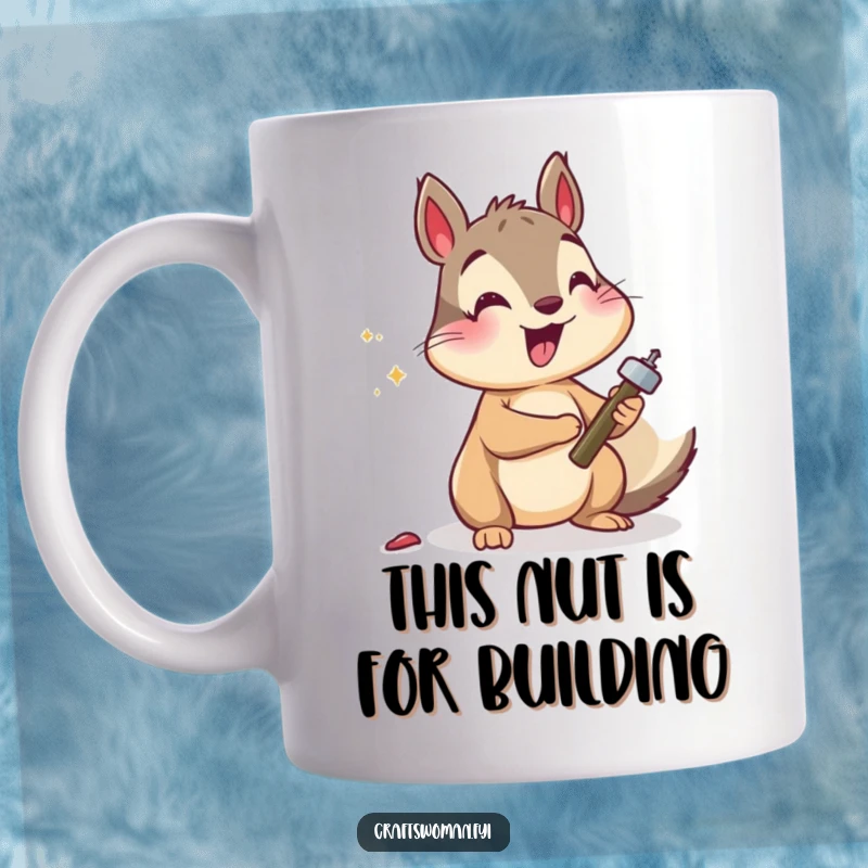 Funny squirrel mug illustration of a determined squirrel happily hammering a tiny nail, showcasing its industrious and cheerful personality.