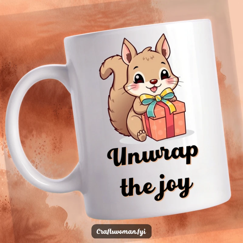 Funny squirrel gift wrapper mug, a cute squirrel excitedly wrapping a present with colorful ribbon and a bow, festive and humorous gift.
