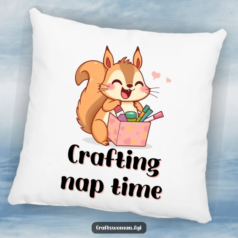 Funny pillow featuring a gleeful squirrel unwrapping a box of tiny craft supplies, perfect for adding humor and comfort to any room.