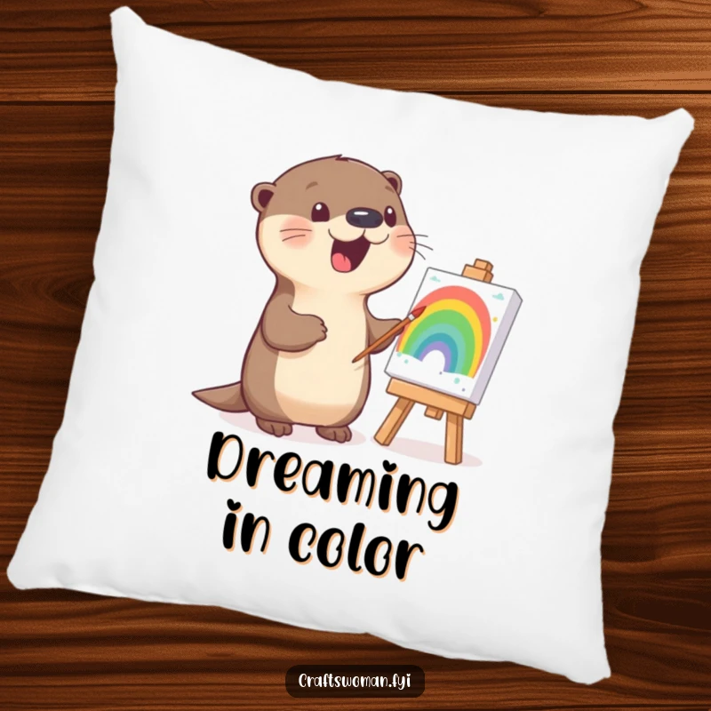 Funny otter pillow design of a smiling otter painting a colorful rainbow, providing comfort and artistic inspiration.