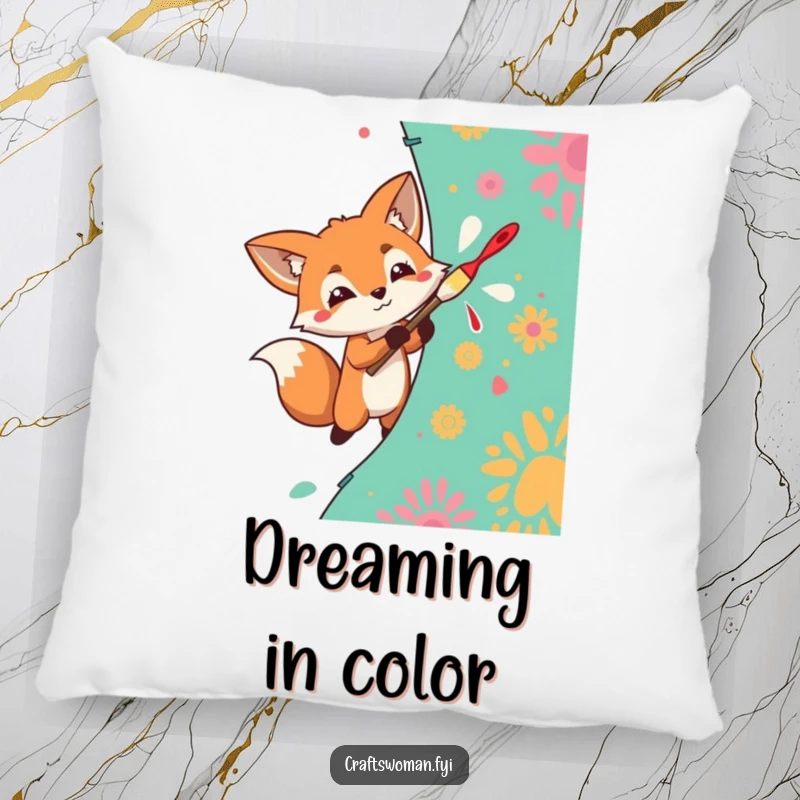 Funny Pillow with a determined fox enthusiastically painting a vibrant pattern onto fabric, for ultimate artistic comfort.