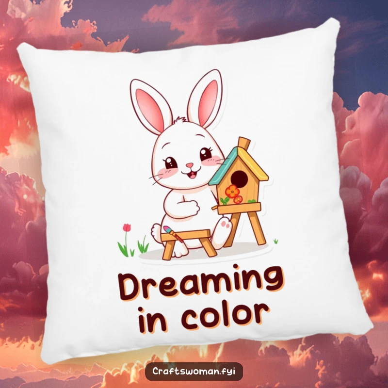 Funny happy rabbit painting a birdhouse with vibrant colors, printed on a soft pillow, adding artistic humor.
