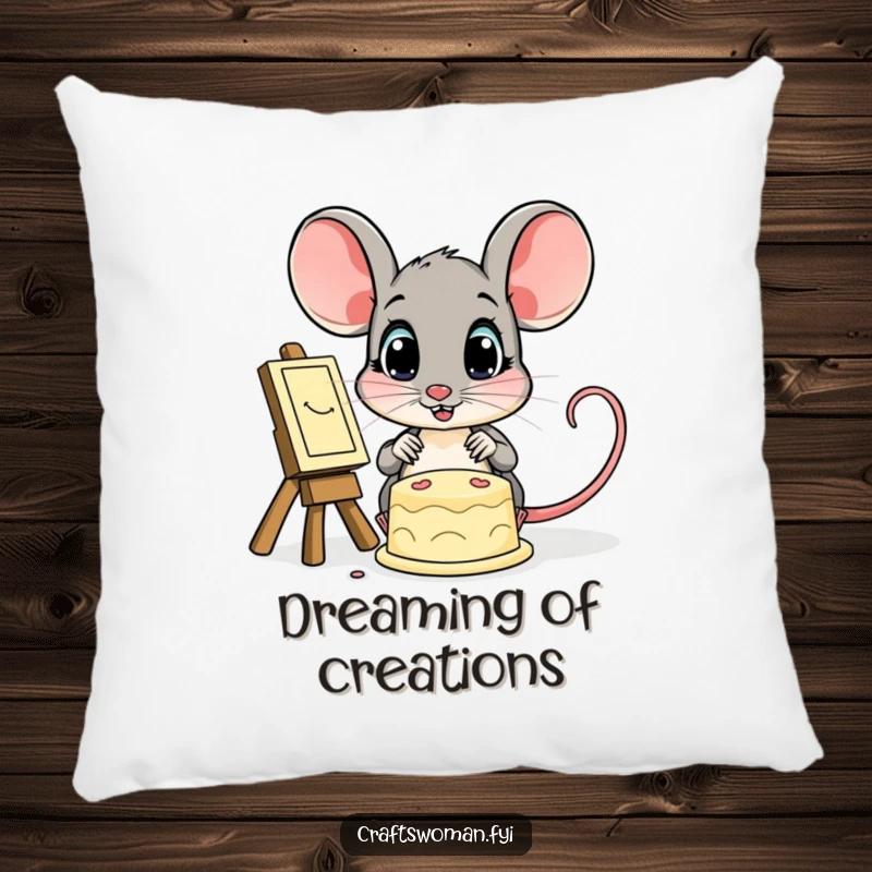 Funny pillow with a wide-eyed mouse looking up in awe at a finished creation, providing a cozy and inspirational accent.