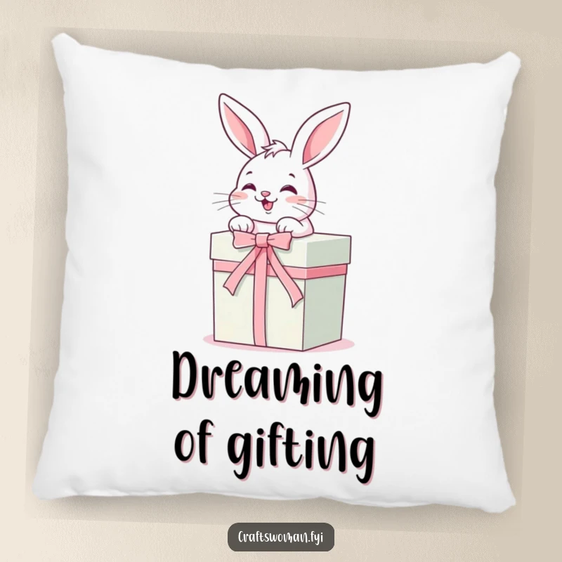 Funny Pillow: A small, giggling bunny is focused on tying a ribbon around a charming, well-wrapped gift box with a smile.