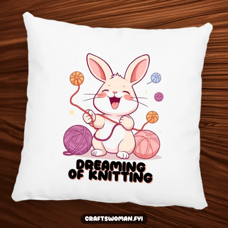 Funny pillow featuring a laughing rabbit juggling colorful yarn balls, offering comfort and a touch of crafty humor for any space.