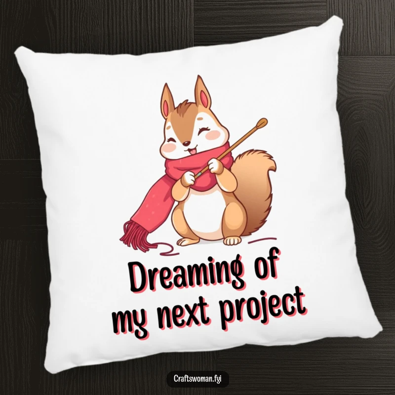Funny squirrel pillow showing a cute character happily stitching a vibrant scarf, a cozy and humorous decor item.
