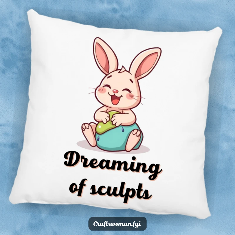 Funny rabbit pillow featuring a happy bunny gleefully sculpting clay into a whimsical shape, adding cozy humor to any room.